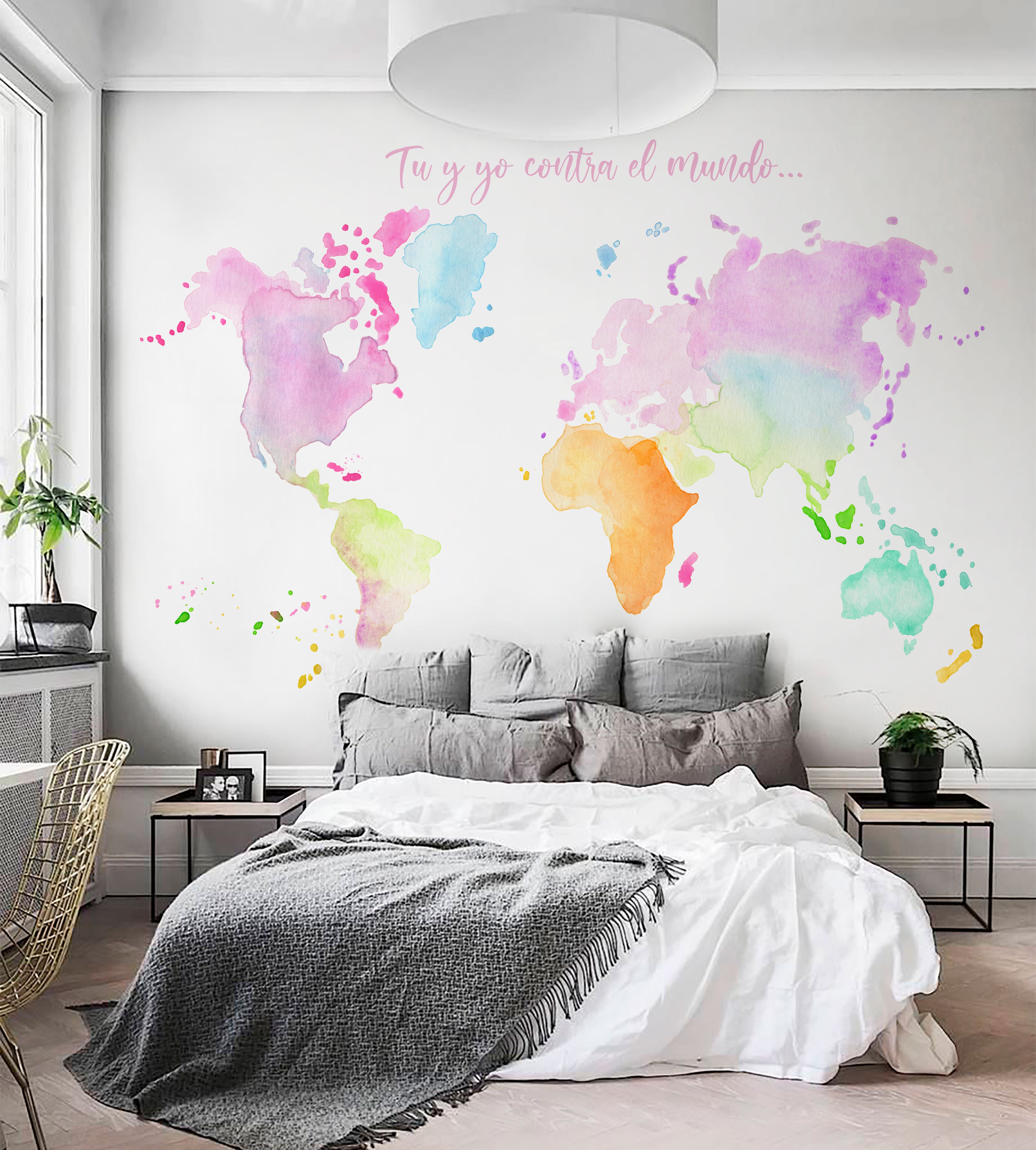 Mural Mapa Mundi Acuarela Colores Vivos. Explosión de Color